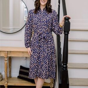 Nine West Navy and Beige Long Sleeve Dress